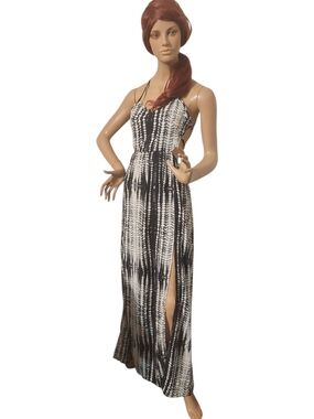 Windsor Black and White Tie-Dye Maxi Dress with Side Slit ,open Back Sz S